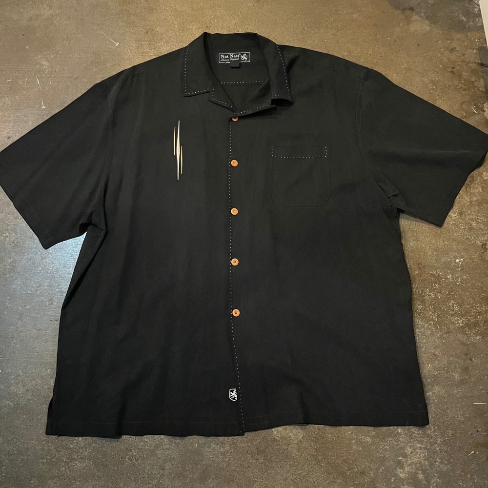 Nat Nast Button Up Mens 2XL Black Silk Blend Bowling Camp Shirt Pick Stitch